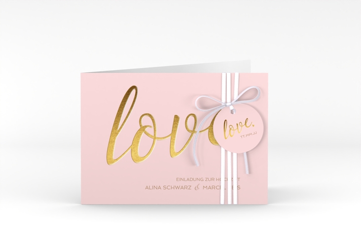 Hochzeitseinladung Glam A6 Klappkarte quer rosa hochglanz