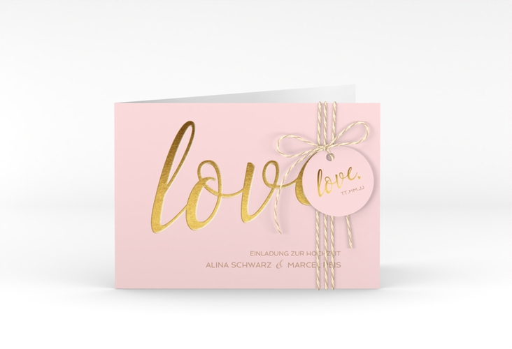Hochzeitseinladung Glam A6 Klappkarte quer rosa hochglanz