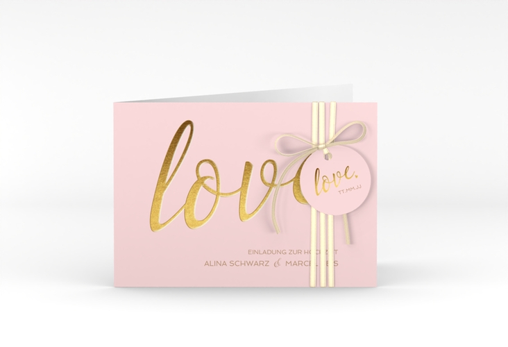 Hochzeitseinladung Glam A6 Klappkarte quer rosa hochglanz