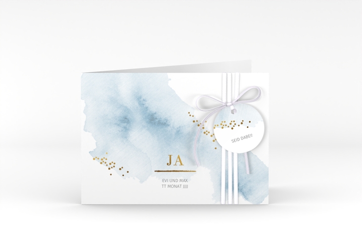 Hochzeitseinladung Pastell A6 Klappkarte quer blau hochglanz