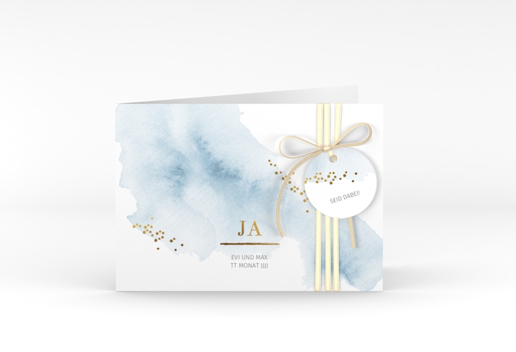 Hochzeitseinladung Pastell A6 Klappkarte quer blau hochglanz