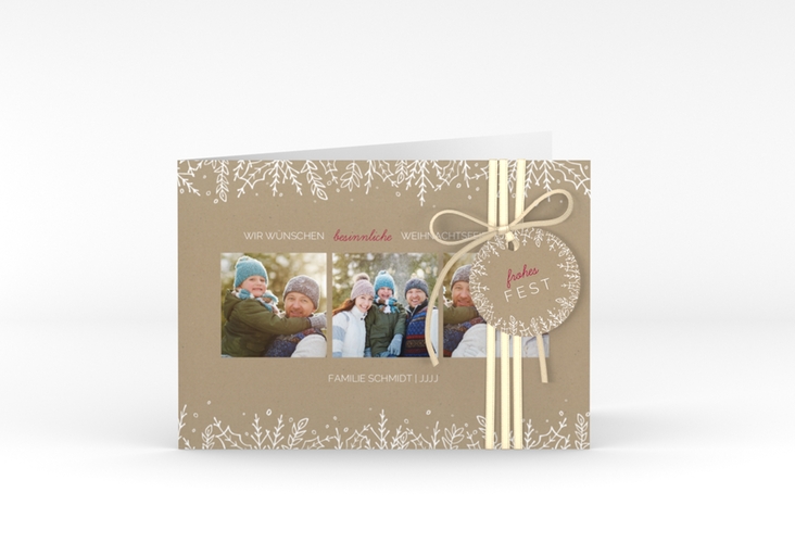 Weihnachtskarte Decor A6 Klappkarte quer Kraftpapier mit drei Fotos und Zweig-Dekor