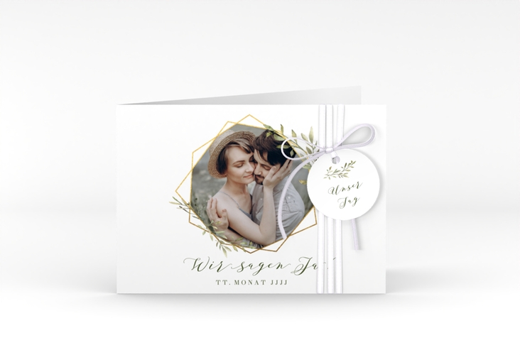 Hochzeitseinladung Acacia A6 Klappkarte quer weiss hochglanz
