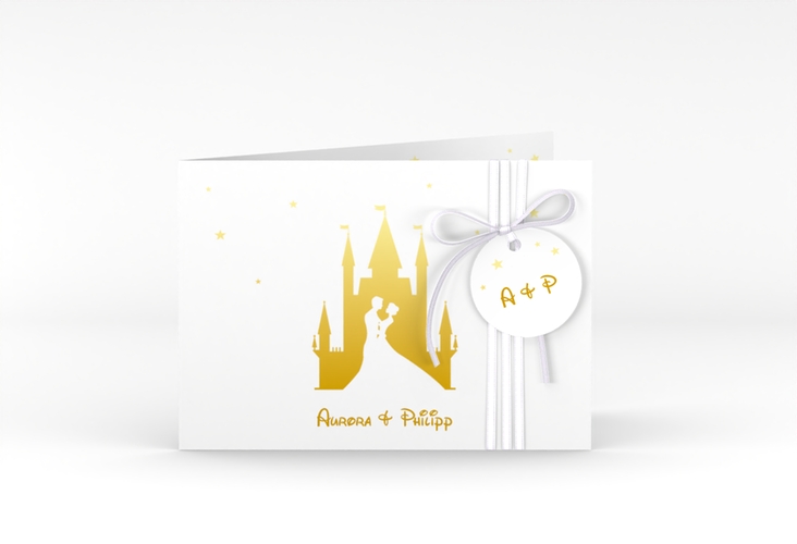 Hochzeitseinladung Castle A6 Klappkarte quer gold hochglanz