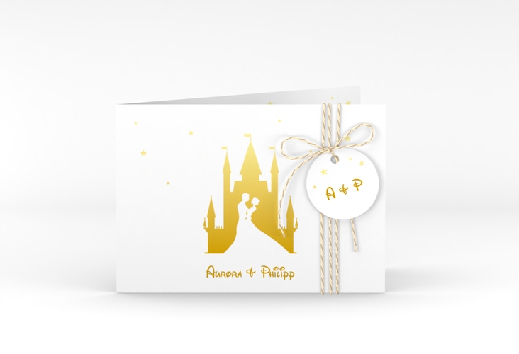 Hochzeitseinladung Castle A6 Klappkarte quer gold hochglanz