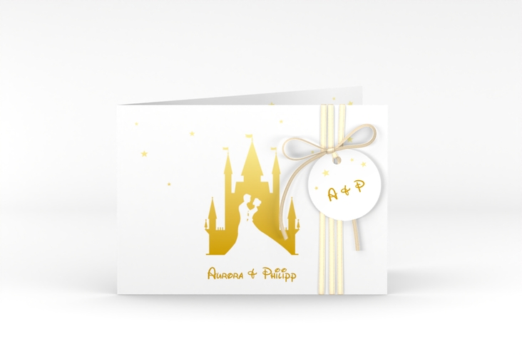 Hochzeitseinladung Castle A6 Klappkarte quer gold hochglanz