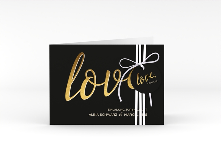 Hochzeitseinladung Glam A6 Klappkarte quer schwarz hochglanz