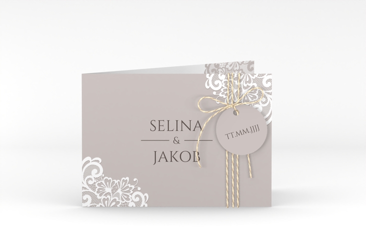 Hochzeitseinladung Vintage A6 Klappkarte quer grau mit floraler Spitze