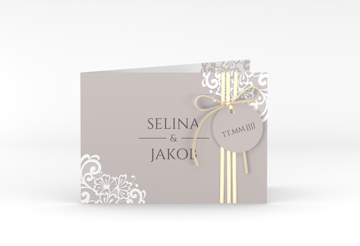 Hochzeitseinladung Vintage A6 Klappkarte quer grau mit floraler Spitze