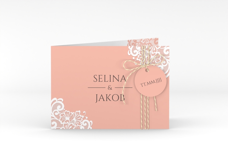 Hochzeitseinladung Vintage A6 Klappkarte quer apricot mit floraler Spitze