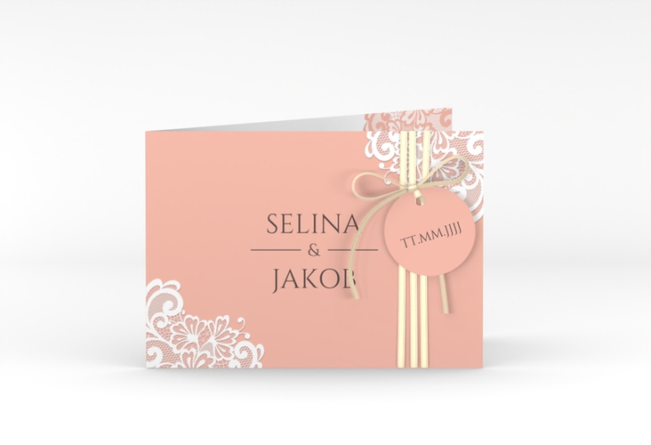 Hochzeitseinladung Vintage A6 Klappkarte quer apricot mit floraler Spitze