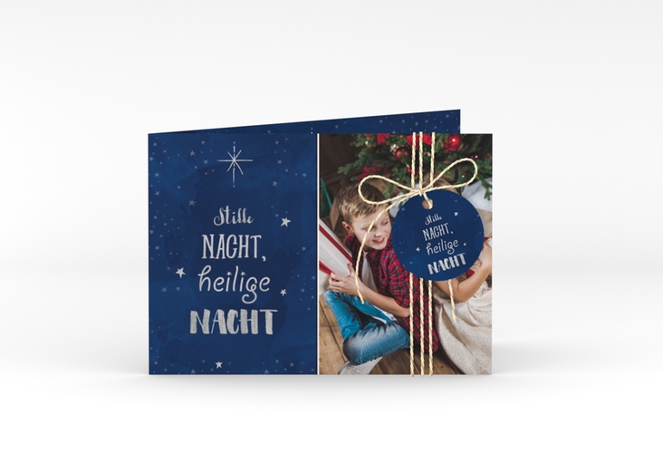 Weihnachtskarte "Sternenzauber" A6 Klappkarte Quer und silber mit Sternenhimmel-Motiv und Foto