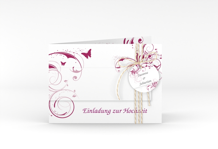 Hochzeitseinladung Palma A6 Klappkarte quer pink hochglanz