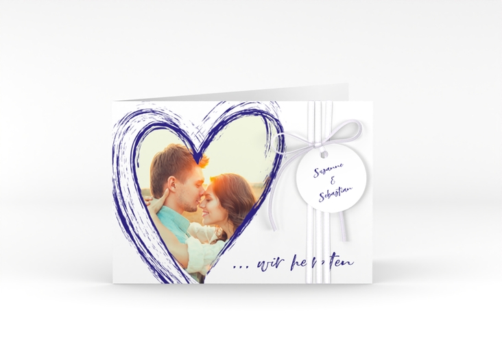 Hochzeitseinladung Liebe A6 Klappkarte quer blau hochglanz