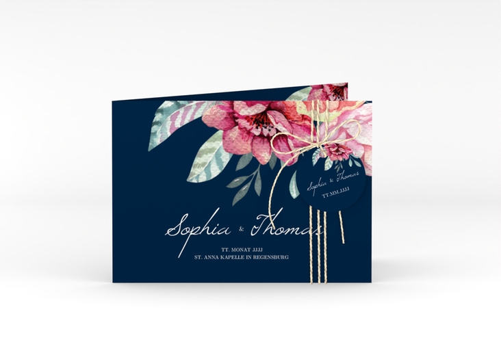 Hochzeitseinladung Blooming A6 Klappkarte quer blau hochglanz