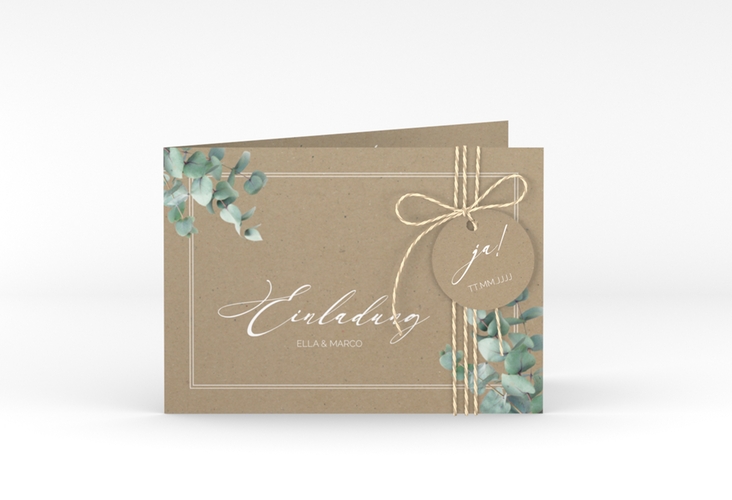 Hochzeitseinladung Eucalypt A6 Klappkarte quer Kraftpapier hochglanz mit Eukalyptus und edlem Rahmen