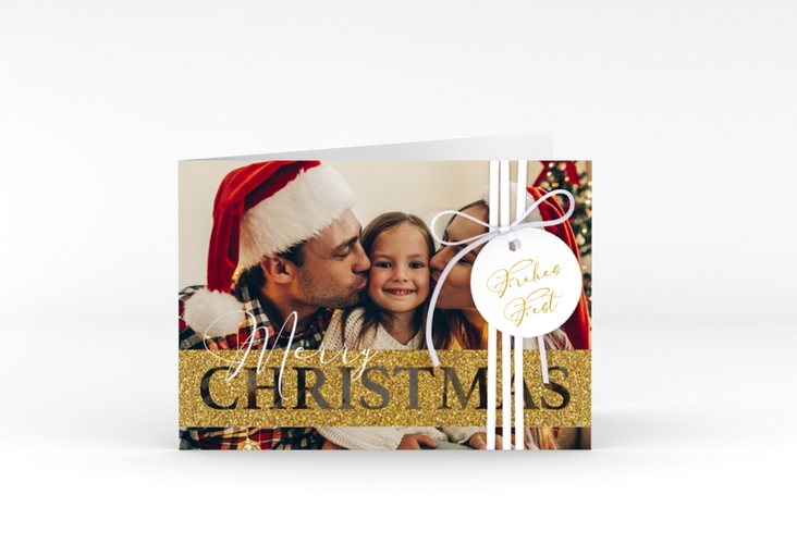 Weihnachtskarte Goldschimmer A6 Klappkarte quer gold hochglanz mit Foto und Schriftzug Merry Christmas