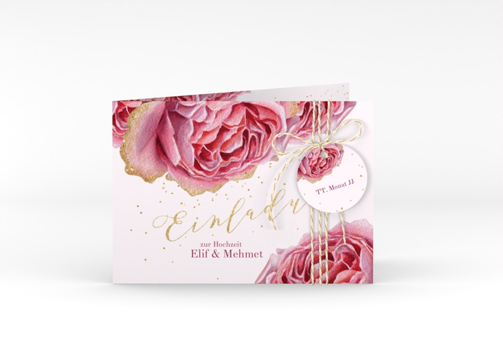 Hochzeitseinladung Cherie A6 Klappkarte quer rosa hochglanz