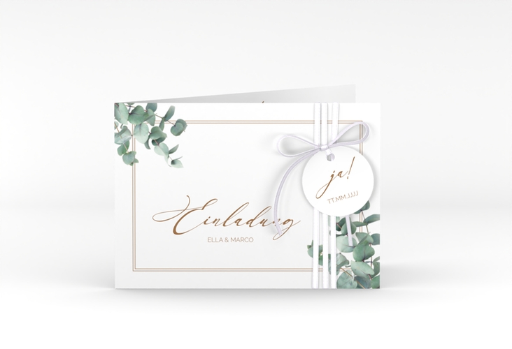 Hochzeitseinladung Eucalypt A6 Klappkarte quer hochglanz mit Eukalyptus und edlem Rahmen