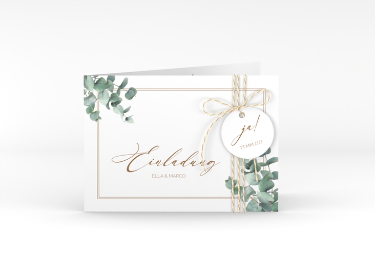 Hochzeitseinladung Eucalypt A6 Klappkarte quer hochglanz mit Eukalyptus und edlem Rahmen