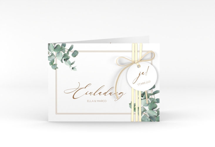 Hochzeitseinladung Eucalypt A6 Klappkarte quer weiss mit Eukalyptus und edlem Rahmen