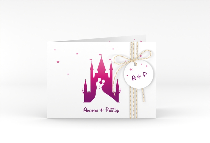 Hochzeitseinladung Castle A6 Klappkarte quer pink hochglanz