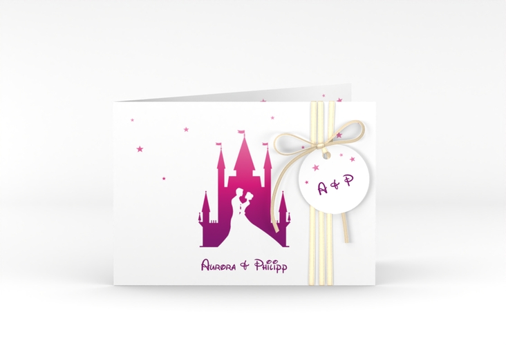 Hochzeitseinladung Castle A6 Klappkarte quer pink hochglanz