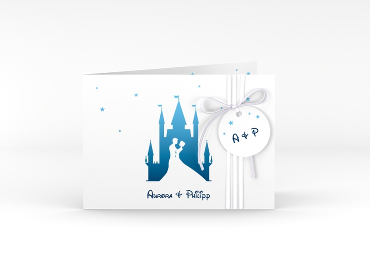 Hochzeitseinladung Castle A6 Klappkarte quer blau