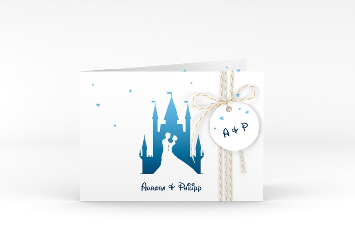 Hochzeitseinladung Castle A6 Klappkarte quer blau