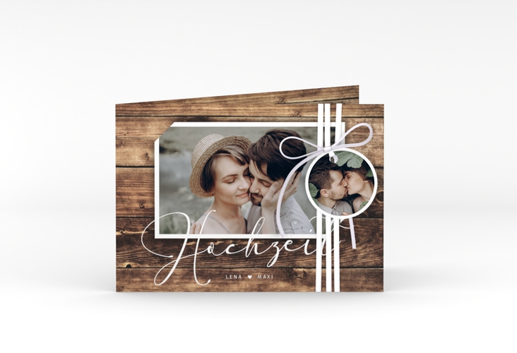 Hochzeitseinladung Rustic A6 Klappkarte quer hochglanz in Holz-Optik mit Foto