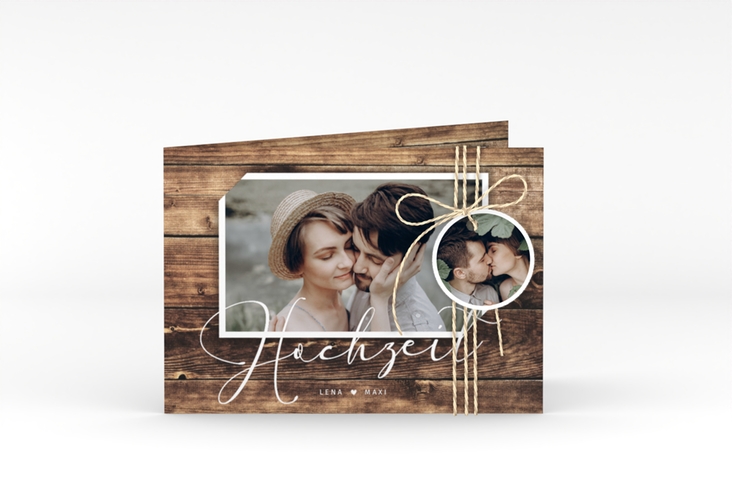 Hochzeitseinladung Rustic A6 Klappkarte quer hochglanz in Holz-Optik mit Foto