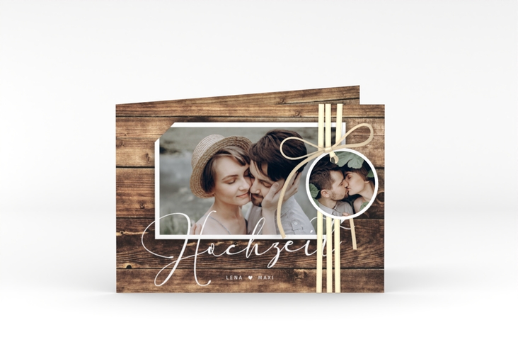 Hochzeitseinladung Rustic A6 Klappkarte quer hochglanz in Holz-Optik mit Foto