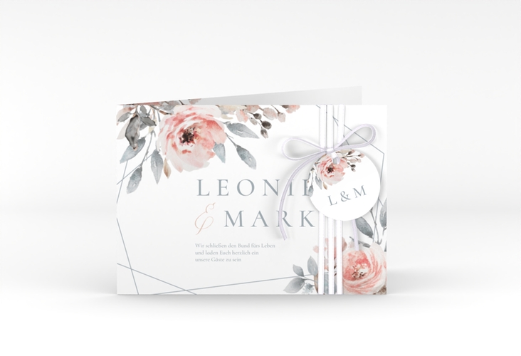 Hochzeitseinladung Perfection A6 Klappkarte quer weiss mit rosa Rosen
