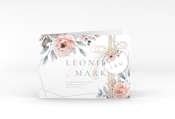Hochzeitseinladung Perfection A6 Klappkarte quer weiss mit rosa Rosen