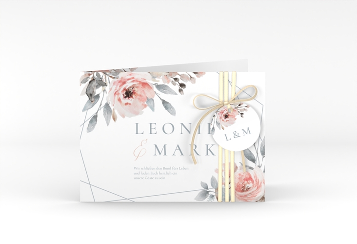 Hochzeitseinladung Perfection A6 Klappkarte quer weiss mit rosa Rosen