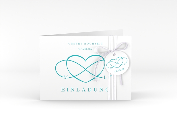 Hochzeitseinladung Infinity A6 Klappkarte quer tuerkis hochglanz