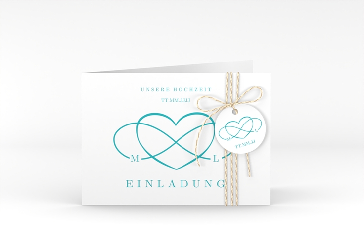 Hochzeitseinladung Infinity A6 Klappkarte quer tuerkis hochglanz
