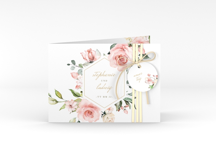 Einladung Hochzeit Graceful A6 Klappkarte quer weiss mit Rosenblüten in Rosa und Weiß