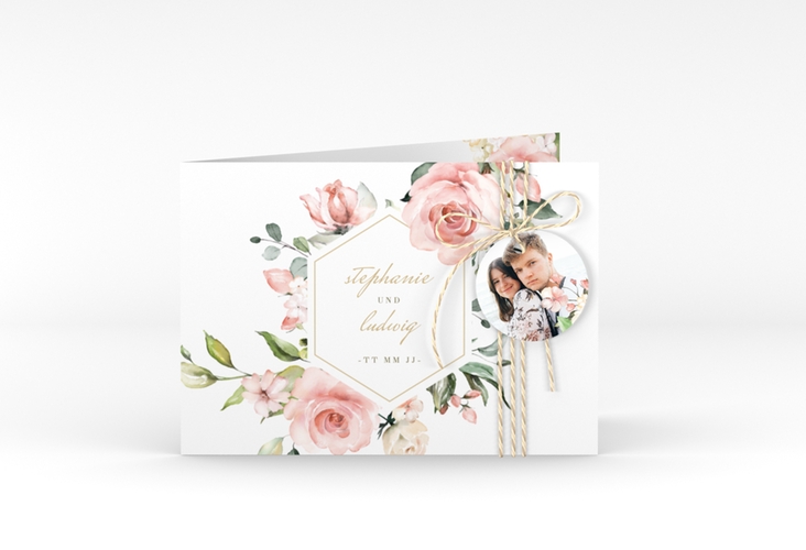 Einladung Hochzeit Graceful A6 Klappkarte quer weiss hochglanz mit Rosenblüten in Rosa und Weiß