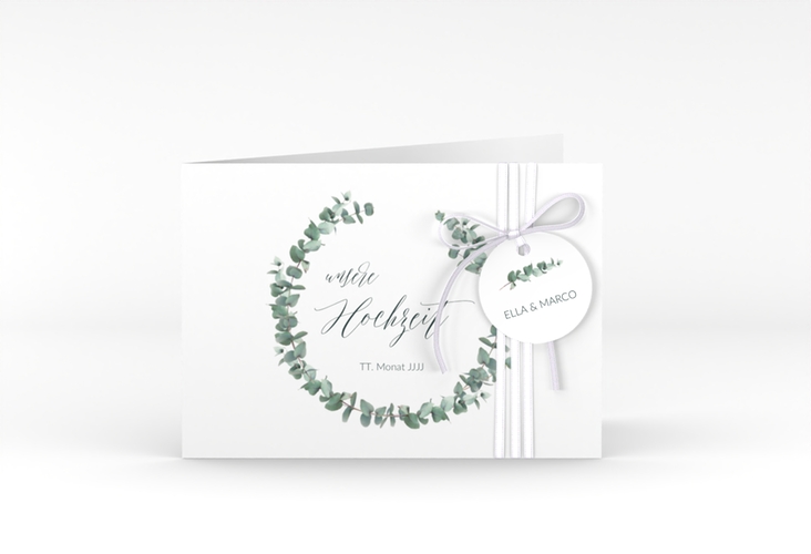 Hochzeitseinladung Silverleaf A6 Klappkarte quer weiss mit Eukalyptus-Zweig