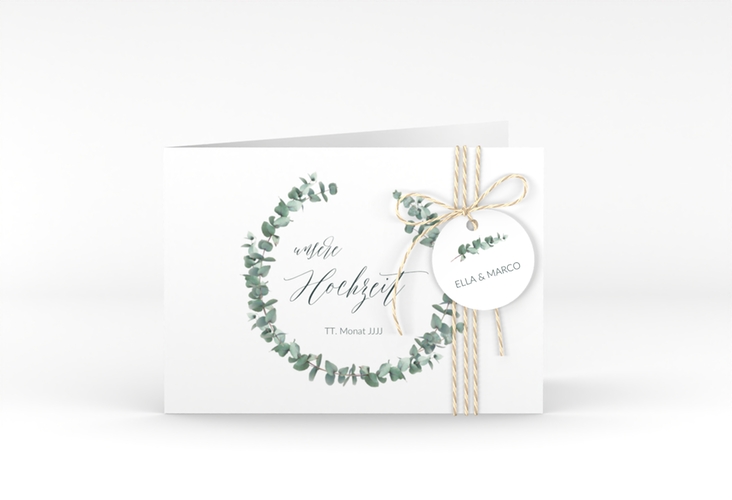 Hochzeitseinladung Silverleaf A6 Klappkarte quer weiss mit Eukalyptus-Zweig