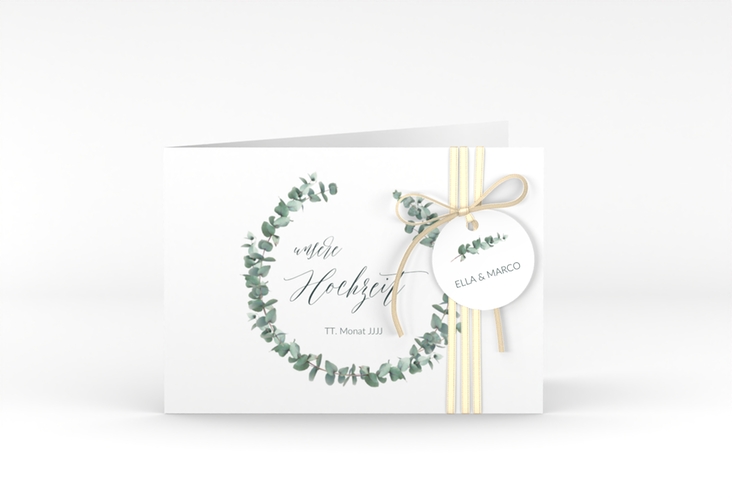 Hochzeitseinladung Silverleaf A6 Klappkarte quer weiss mit Eukalyptus-Zweig