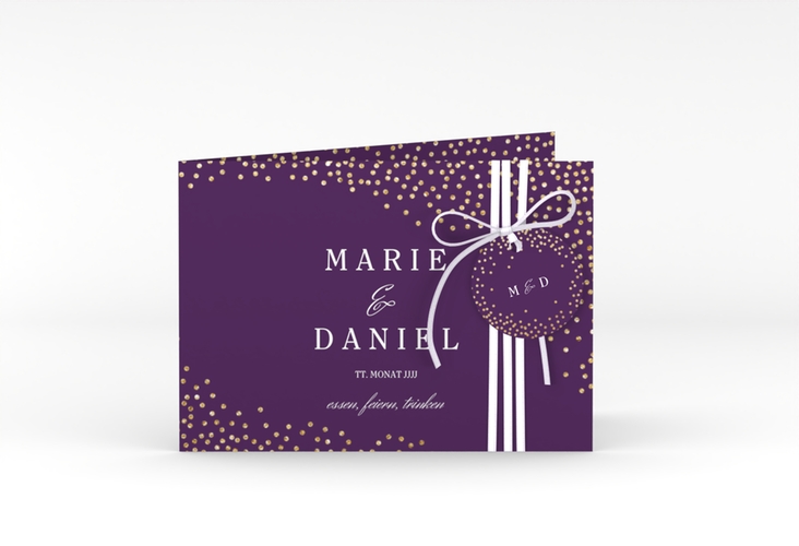 Hochzeitseinladung Glitter A6 Klappkarte quer lila hochglanz