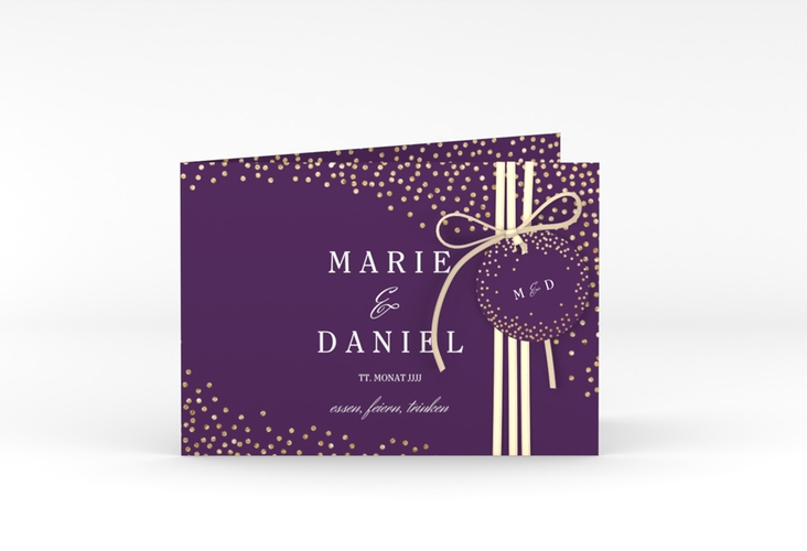 Hochzeitseinladung Glitter A6 Klappkarte quer lila hochglanz