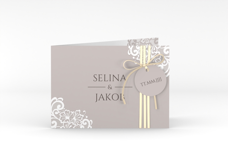 Hochzeitseinladung Vintage A6 Klappkarte quer grau hochglanz mit floraler Spitze