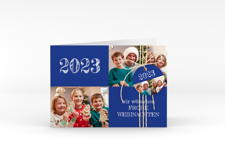 Weihnachtskarte Besinnlichkeit A6 Klappkarte quer blau hochglanz zum Personalisieren mit Jahreszahl