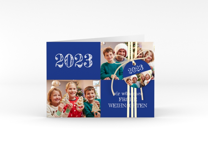 Weihnachtskarte Besinnlichkeit A6 Klappkarte quer blau zum Personalisieren mit Jahreszahl
