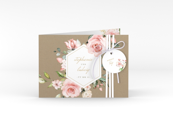 Einladung Hochzeit Graceful A6 Klappkarte quer mit Rosenblüten in Rosa und Weiß