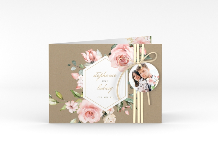 Einladung Hochzeit Graceful A6 Klappkarte quer hochglanz mit Rosenblüten in Rosa und Weiß