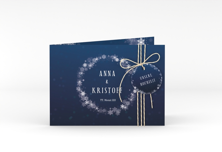 Hochzeitseinladung Winterdream A6 Klappkarte quer blau mit Eisblumen